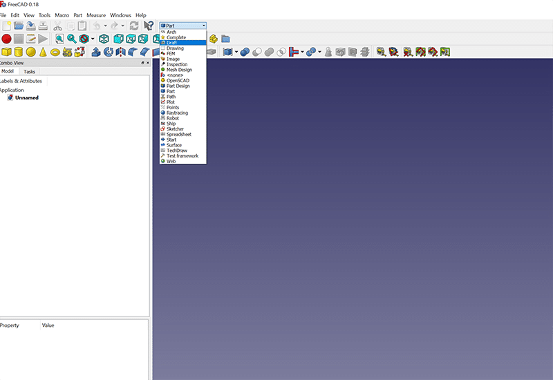 Workbench menu in FreeCAD software